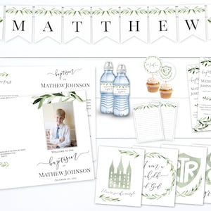 Puede incluir: Una colección de papelería y decoraciones con temática de bautizo. Incluye una pancarta que dice "MATTHEW", etiquetas para botellas de agua, adornos para cupcakes, blocs de notas, tarjetas y marcadores. Los diseños presentan follaje verde y el texto "Welcome to the baptism of MATHEW JOHNSON".