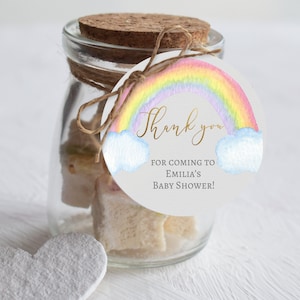 Rainbow Baby Shower Favor Tags, thank you round tag Printable, Rainbow Watercolor, Gold Calligraphy, Thank you label, Editable Template, RG1