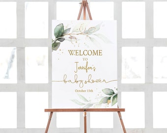 Welkomstbord babyshower eucalyptus: groen gebladerte, bewerkbare sjabloon (Corjl)