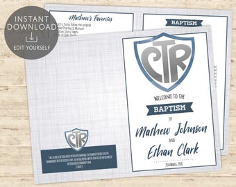 LDS Baptism Program, for 2 Two Printable, Editable Template, Boy CRT Baptism Navy Grey, Baptism program Foldable