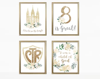 LDS Digital Print, Set of 4: I am a child of God, Temple, 8 is great, CTR, White Gold Floral, Printable, Girl Wall Decor