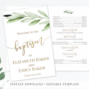 LDS Baptism Program Printable, 2 Names baptism Program, Greenery Olive Leaves, Gold Calligraphy, Editable Template, GOG8