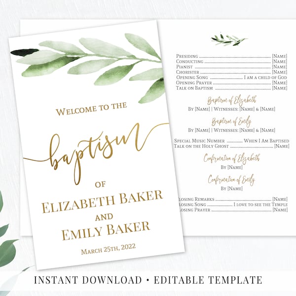 LDS Baptism Program Printable, 2 Names baptism Program, Greenery Olive Leaves, Gold Calligraphy, Editable Template, GOG8