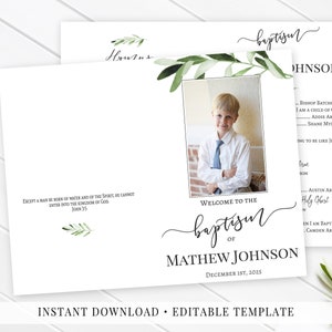 Puede incluir: Una invitación de bautismo con un diseño de hojas verdes en acuarela. La invitación presenta una foto de un niño pequeño con una camisa blanca y una corbata azul. El texto dice "Bienvenido al bautismo de Mathew Johnson, 1 de diciembre de 2025".