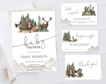 May include: A baby shower invitation with a woodland theme. The invitation features a watercolor illustration of a bear, deer, and fox in a forest setting. The text on the invitation reads "baby shower" and includes the name "Emily Monson", the date and time of the shower, and the location. There are also cards for a book request, diaper raffle, and a thank you card.