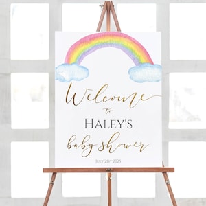 Rainbow Baby Shower Welcome Sign Printable Welcome Poster Gold Editable Template Corjl