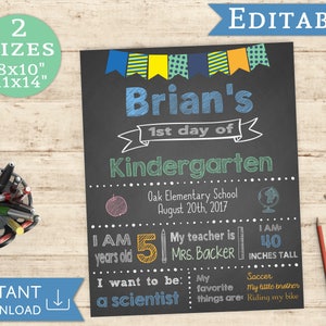 First day of School Sign, Editable Chalkboard Boy Back to School, 1st day of School, DIY Printable Blue Green Orange Chalkboard, Flags image 1