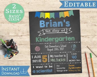 First day of School Sign, Editable Chalkboard Boy Back to School, 1st day of School, DIY Printable Blue Green Orange Chalkboard, Flags