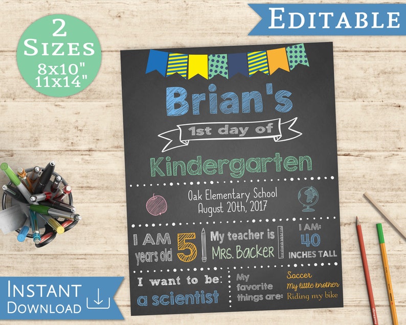 First day of School Sign, Editable Chalkboard Boy Back to School, 1st day of School, DIY Printable Blue Green Orange Chalkboard, Flags image 1