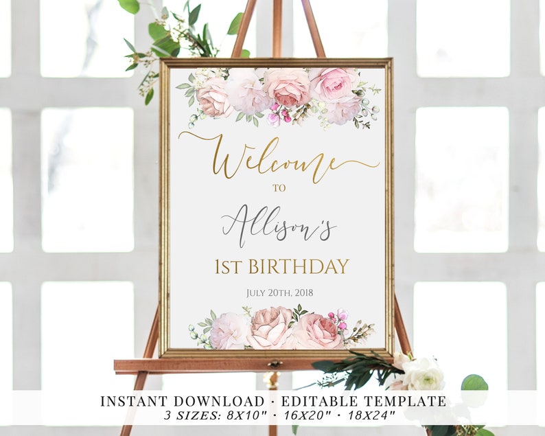 Editable Template Gold Calligraphy Romantic Blush Floral Birthday Welcome Sign Printable