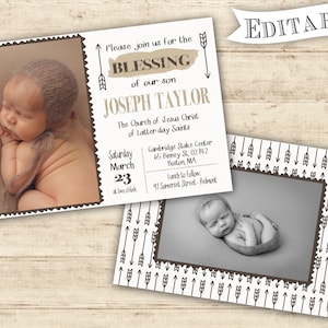 Boy Baby Blessing Announcement Invitation Editable with Photo LDS Baby Boy Blessing Invitation Arrow Brown Baby blessing invite boy template