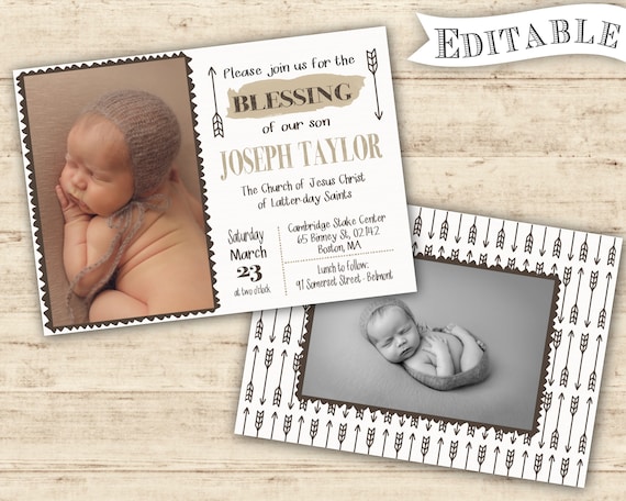 Boy Baby Blessing Invitation: Arrow Design, Editable Photo (Digital PDF)