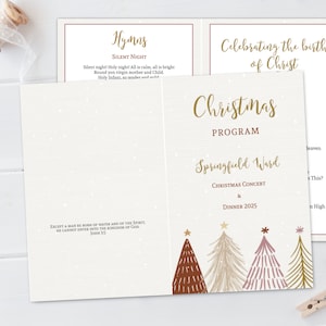 May include: A Christmas program for Springfield Ward, featuring a Christmas concert and dinner in 2025. The program is decorated with a festive illustration of three stylized Christmas trees with gold stars on top. The trees are in shades of red, brown, and pink.