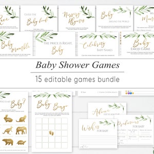 Baby Shower Games Bundle, Baby Games Printable, Greenery Olive gold, Baby Games Set, Baby Gender Games, GOG8