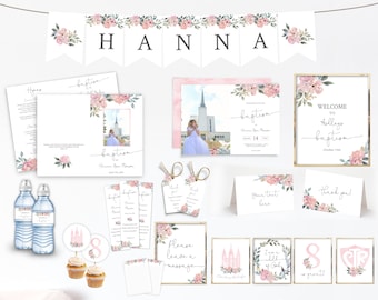 LDS-doopuitnodiging meisje en programmapakket: blush bloemen (afdrukbare sjabloon)