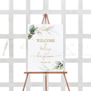 Neutral Baptism Welcome Sign, Baptism Welcome Poster, Greenery Eucalyptus Foliage, Leaves Green Gold, Editable Template Corjl, EG12