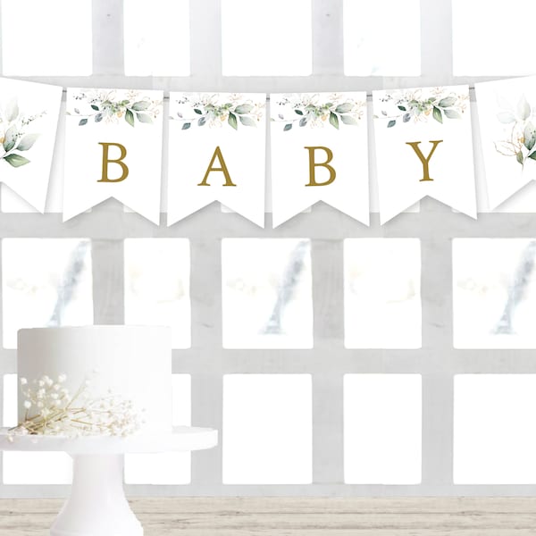 Banner Flags Printable Baby Shower Decor Greenery Eucalyptus Foliage Editable Template  Leaves Green Gold EG12