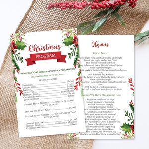May include: A Christmas Program with a red banner reading "Christmas Program". The program includes hymns and a schedule for a Christmas dinner and program. Decorated with holly and berries.