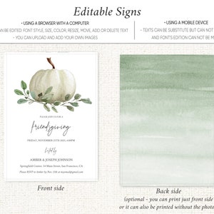 May include: A white pumpkin with green leaves sits on a white background. The text "Please join us for a friendsgiving" is written in cursive script. The date and time of the event are listed below, along with the names of the hosts, Amber & Joseph Johnson. The address and RSVP information are also included.