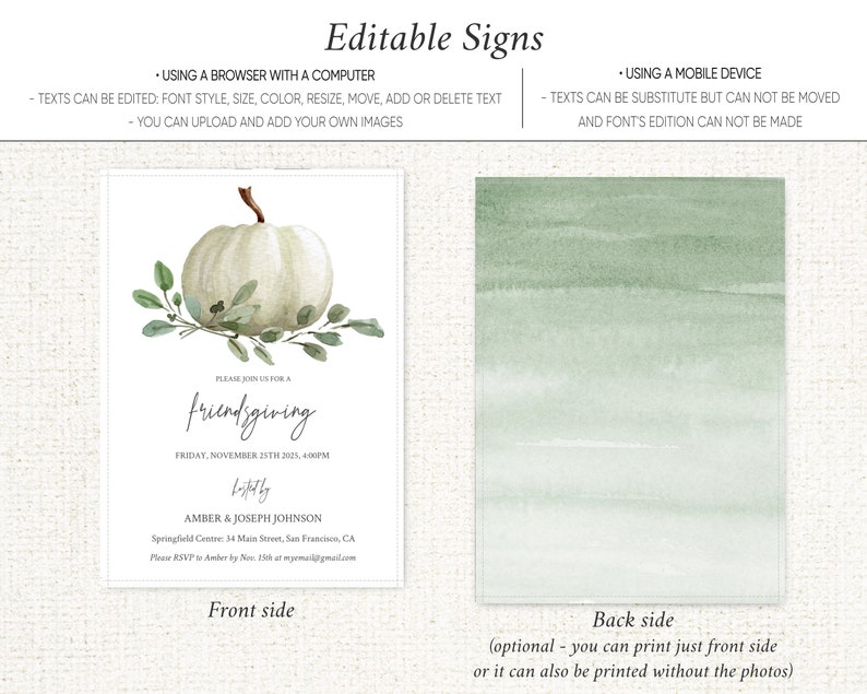 May include: A white pumpkin with green leaves sits on a white background. The text "Please join us for a friendsgiving" is written in cursive script. The date and time of the event are listed below, along with the names of the hosts, Amber & Joseph Johnson. The address and RSVP information are also included.