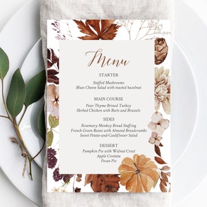 Thanksgiving Dinner Menu Printable Editable Template Rustic Foliage Leaves Fall Floral Instant download RL1