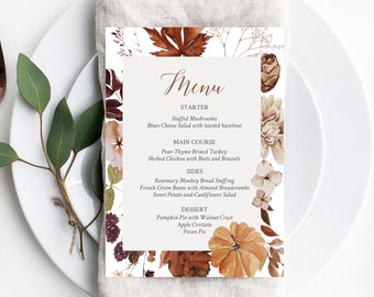 Thanksgiving Dinner Menu Printable Editable Template Rustic Foliage Leaves Fall Floral Instant download RL1