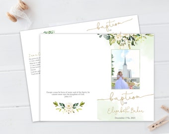 White floral Girl Baptism Program Printable Template LDS Girl Baptism Program with Photo White Cream Flowers Gold Greenery CG4