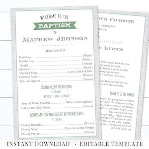 LDS Baptism Program Boy, Printable Program, CRT Green Grey, Boy Baptism Program, Editable Template Corjl