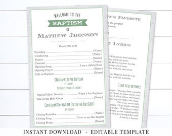 May include: A printable baptism program template with a green and white color scheme. The program includes a welcome message, the order of service, and a section for the baptism ceremony. The text is editable and includes the name "Mathew Jhonson" and the date "March 25th 2025".