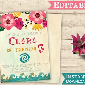 Moana Birthday Invitation Printable, Tropical Birthday Party, Editable Template