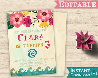 Moana Birthday Invitation Printable, Tropical Birthday Party, Editable Template