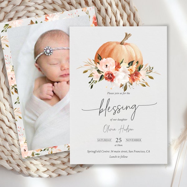 LDS Baby Blessing, Fall Baby Blessing Invitation Printable Blessing Invite Autumn Pumpkin Floral Editable Template Corjl FR12