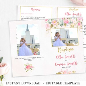 May include: A pink and gold baptism announcement template with a photo of a girl in a white dress. The text reads "Baptism of Ella Smith and Emma Smith, March 25th, 2017".