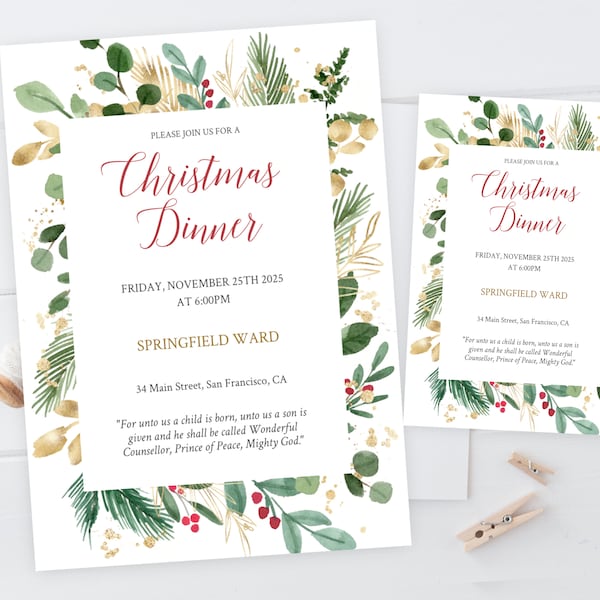 Christmas Dinner Invitation + Sign, Christmas party Invite + Poster, Printable Editable Template Corjl, Greenery Foliage Gold, CM32