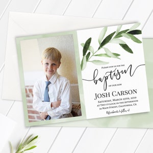 Baptism Invitation Printable, LDS Boy Neutral Baptism Invitation Landscape, Editable Template Corjl, Greenery Foliage Olive Watercolour, GOB