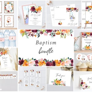 Könnte beinhalten: Ein Set mit druckbaren Dateien für eine Tauffeier mit floralem Thema in den Farben Burgunderrot, Orange und Rosa. Das Set beinhaltet Einladungen, Dankeskarten, Wasserflaschenetiketten, Cupcake-Topper und ein Willkommens-Schild.