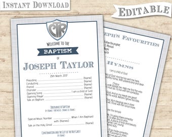 LDS Boy Baptism Program, Printable Program, CTR Grey Navy, Editable Template