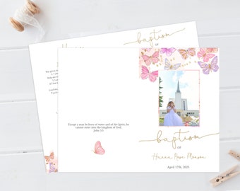 Programa de Bautismo de Mariposas para Niñas: Rosa, Morado y Dorado (Plantilla Editable)