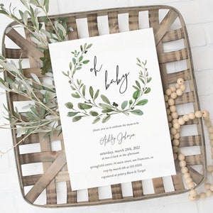 Greenery Baby Shower Invitation, Oh Baby Invite, Printable, Editable ...