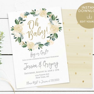 Invitation de révélation de sexe de bébé blanc, imprimable, fête de révélation de sexe, garçon ou fille, aquarelle blanche florale, modèle modifiable Corjl WGB02