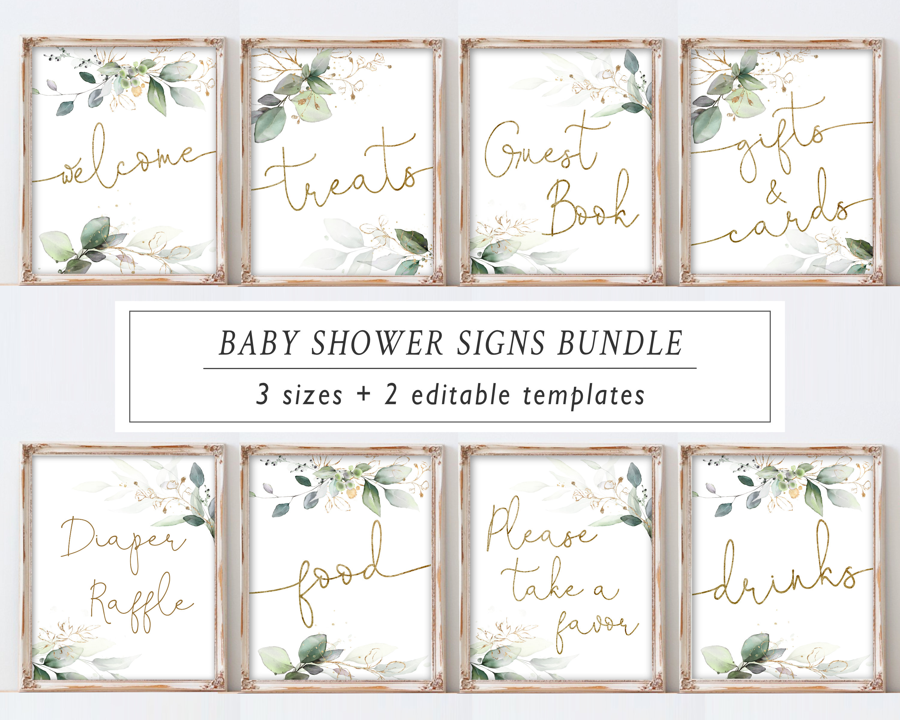 Baby Shower Signs Bundle, Signage Set Printable Decor, Signage Kit,  Editable Template, Greenery Eucalyptus Foliage, Leaves Green Gold, EG12 