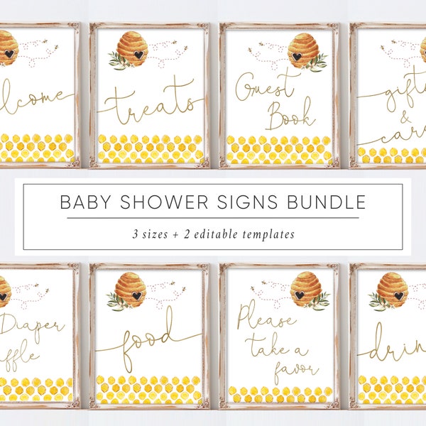 Bee Baby Shower Signs Bundle Printable, Babee Shower decor, Baby Bee Hives, Gold  Calligraphy, Baby Shower Signage, BH2