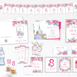 Könnte beinhalten: Ein Set mit druckbaren Taufdekorationen mit einem floralen Thema in Rosa, Blau und Grün. Das Set beinhaltet ein Banner, Einladungen, ein Willkommenszeichen, Cupcake-Topper, Wasserflaschenetiketten und Dankeskarten. Der Text auf dem Banner lautet "Ella Grace".