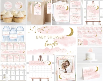 Twinkle Star babyshower meisjesbundel: roze en goud decor (afdrukbare bewerkbare sjabloon)