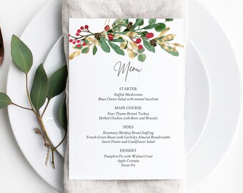 May include: A Christmas-themed menu with a watercolor illustration of red berries, green leaves, and gold accents. The menu lists starter, main course, sides, and dessert options.