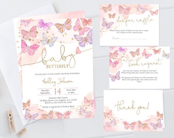 May include: Pink and purple butterfly baby shower invitation with gold glitter accents. The invitation includes the text "baby butterfly" and details for the shower, including the date, time, and location. The invitation also includes a diaper raffle and book request card.
