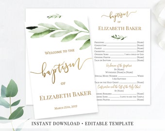 LDS Baptism Program Printable, Girl baptism Program, Greenery Olive Leaves, Gold Calligraphy, Editable Template, GOG8