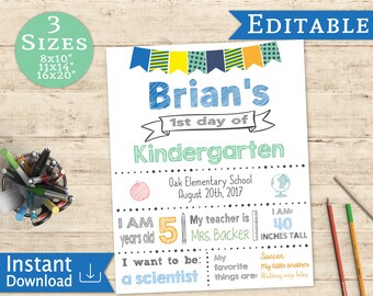 First Day of School Sign: Blue Green Flags, Editable Template (Digital Download)