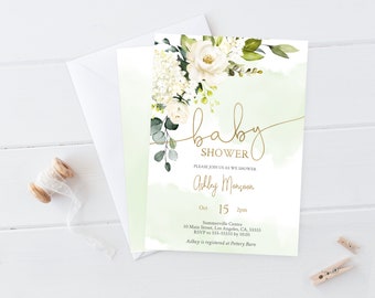 Meisje baby shower uitnodiging afdrukbare bewerkbare sjabloon witte crème goud bloemen groen CG4