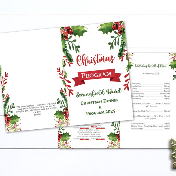 Christmas Program Template Editable, Christmas Dinner Program Foldable, Printable, Instant Download, LDS Christmas Program